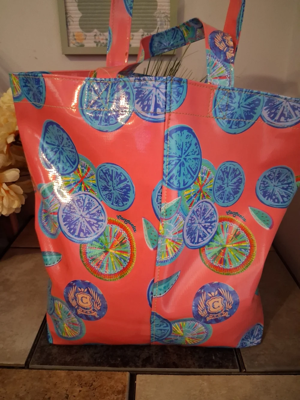 Consuela Pink Tote with Blue Citrus Motif
